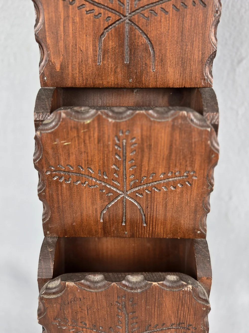 Vintage Carved Wood Mail Sorter Key Rack Wall Pocket 3 Tier